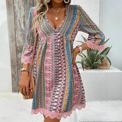Robe imprimée style bohème à col en V, tenue de plage décontractée et ample - LUXARAH