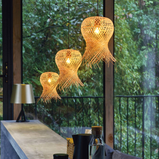 Lustre en bambou tissé pour salon, escaliers, lampe assemblée - LUXARAH