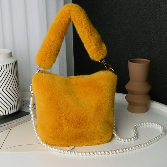 Sac seau en peluche à damier avec chaîne en perles, sacs à main de luxe tendance pour femmes, sacs à bandoulière personnalisés