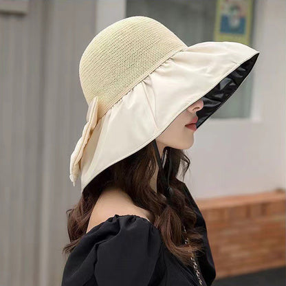 Chapeau de soleil d'été en paille à large bord et grand nœud, chapeau de pêcheur anti-UV, pare-soleil d'extérieur et chapeau de protection du visage