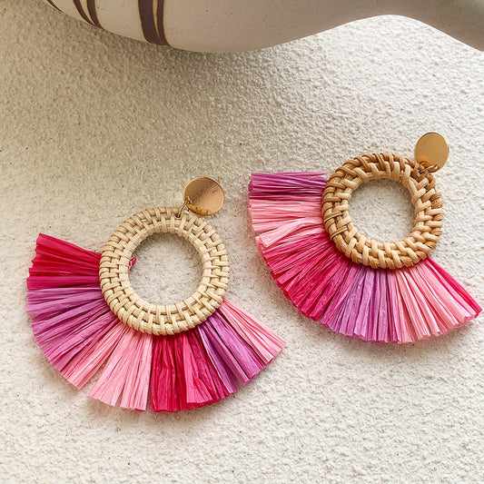 Boucles d'oreilles en raphia et rotin pour femme, nouvelles boucles d'oreilles rondes géométriques colorées en paille - LUXARAH