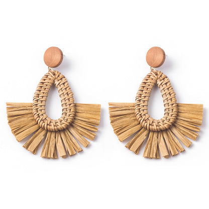 Boucles d'oreilles géométriques en raphia et rotin tissées à la main, style vintage pour femmes - LUXARAH