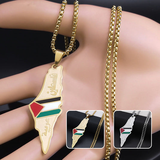 Collier avec pendentif, carte de la Palestine et d'Israël pour homme et femme, en acier inoxydable, couleur or, bijoux ethniques palestiniens, cadeaux