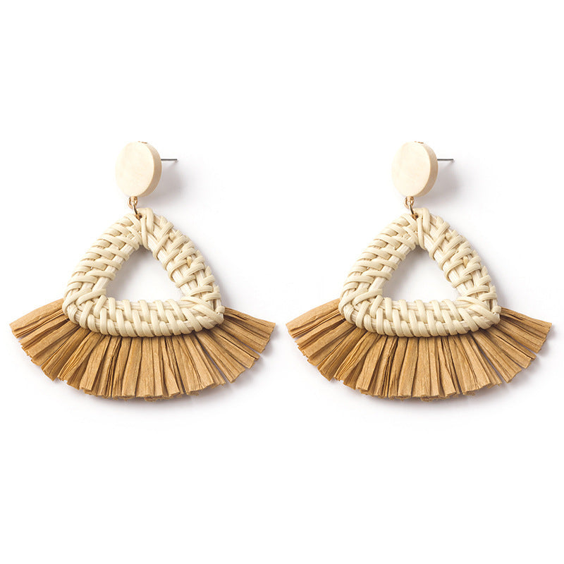 Boucles d'oreilles géométriques en raphia et rotin tissées à la main, style vintage pour femmes - LUXARAH