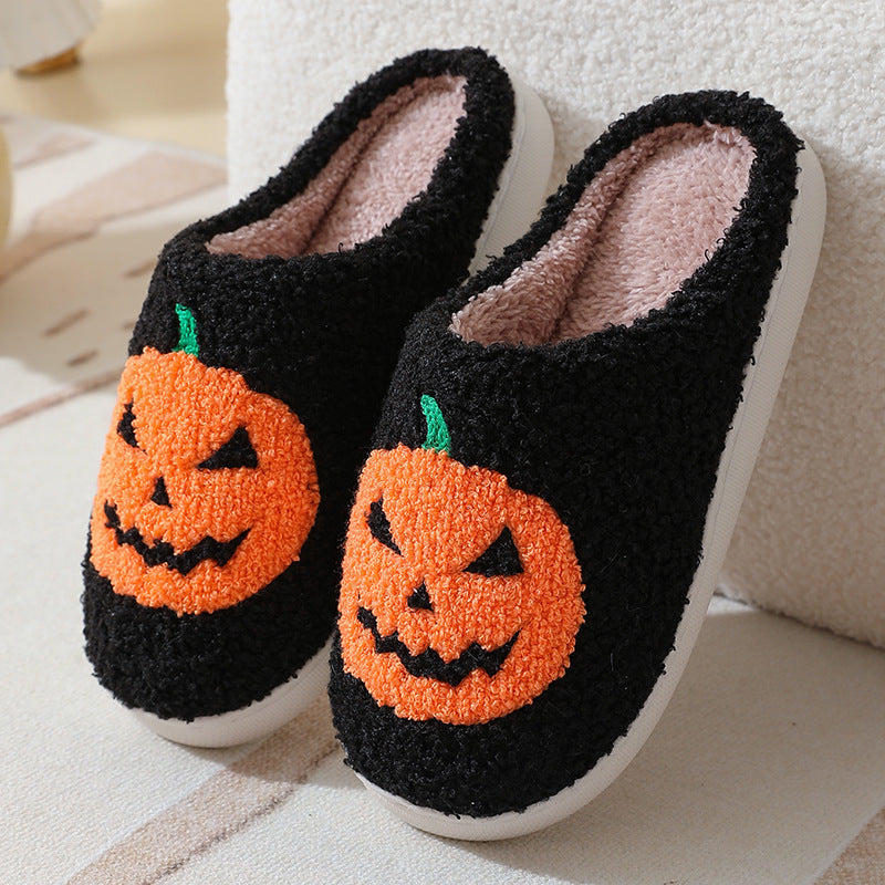 Chaussons d'hiver chauds à motif citrouille pour Halloween, chaussures d'intérieur pour hommes et femmes - LUXARAH