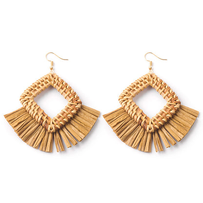 Boucles d'oreilles géométriques en raphia et rotin tissées à la main, style vintage pour femmes - LUXARAH