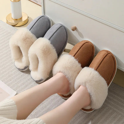Chaussons d'hiver chauds en peluche pour femme, pantoufles d'intérieur en fourrure, chaussures en coton doublées douces, confortables et antidérapantes, pour chambre à coucher, pour couple - LUXARAH