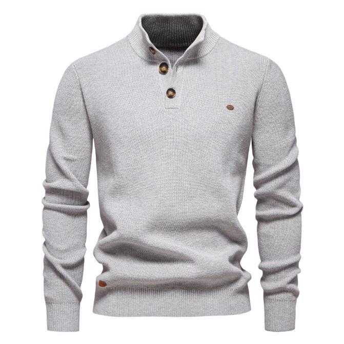 Pull tricoté à col montant et fermeture éclair pour homme, coupe slim, couleur unie, manches longues, demi-col roulé