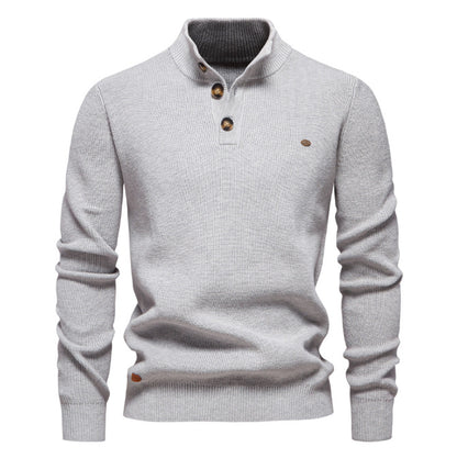 Pull tricoté à col montant et fermeture éclair pour homme, coupe slim, couleur unie, manches longues, demi-col roulé