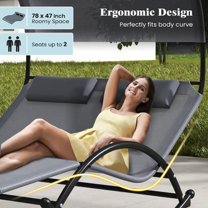 Chaise longue d'extérieur à bascule double pour 2 personnes avec auvent et appuie-têtes amovibles - LUXARAH