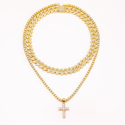 Collar con colgante de cruz de circón estilo hip hop con cadena cubana de Miami y pavé de diamantes de imitación estilo rapero para hombres y mujeres