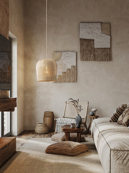 Lustre en rotin au chevet du bureau du Wabi Sabi B&B - LUXARAH