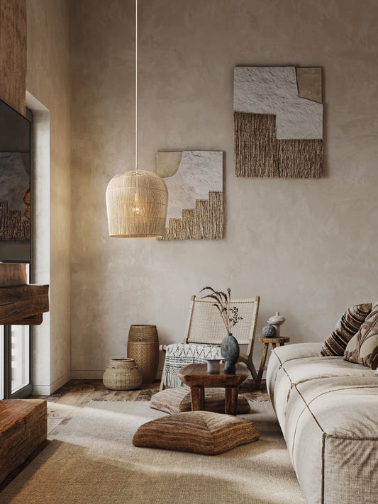 Lustre en rotin au chevet du bureau du Wabi Sabi B&B - LUXARAH