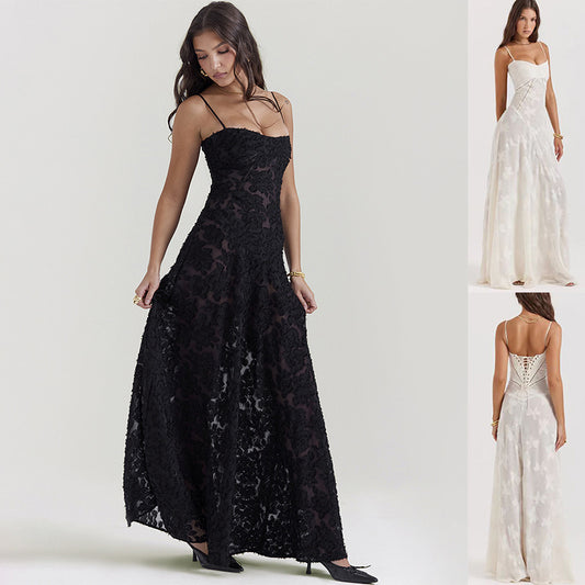 Robe longue en dentelle à bretelles tendance, col bustier, élégante, tenue de soirée - LUXARAH