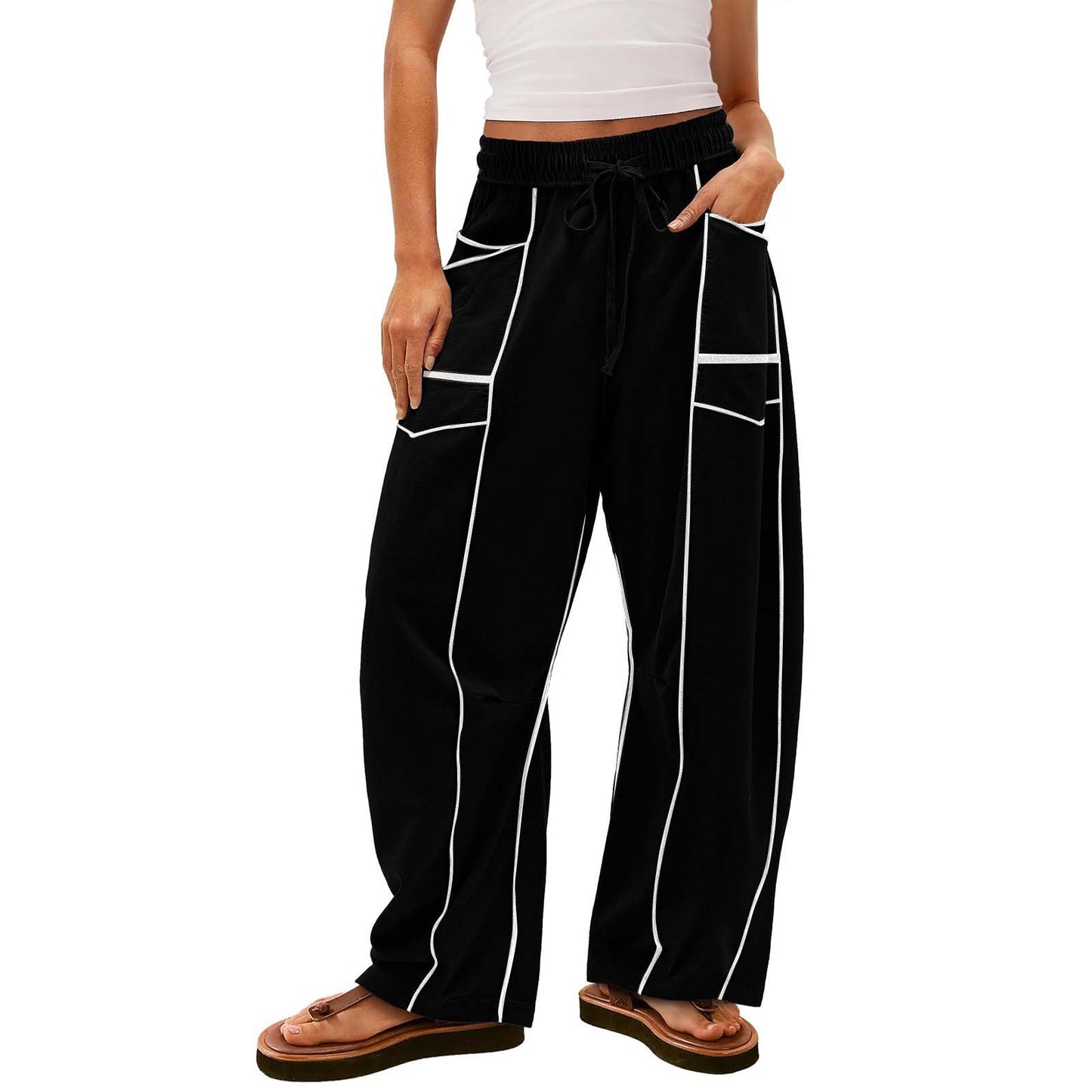 Pantalon large rayé noir Y2K avec poches, pantalon ample à cordon de serrage, pantalon de sport - LUXARAH
