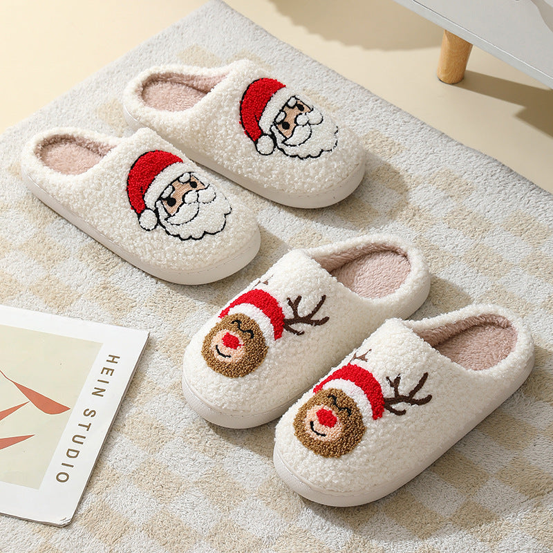 Chaussons de Noël mignons en coton avec motif Père Noël pour femmes et hommes, chaussures chaudes et en fourrure pour l'hiver - LUXARAH