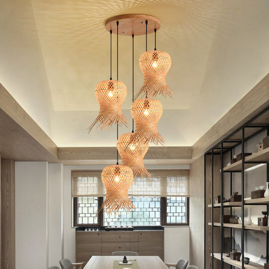 Lustre en bambou tissé pour salon, escaliers, lampe assemblée
