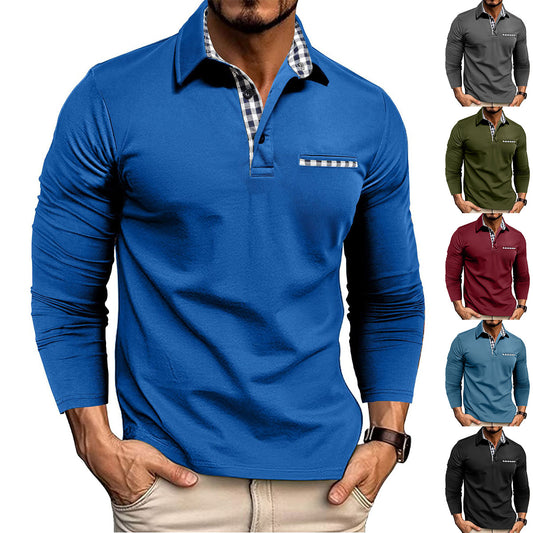 Polo décontracté à carreaux et revers pour homme, haut à manches longues, couleur unie, tendance
