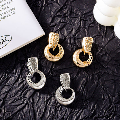 Boucles d'oreilles pendantes de luxe en forme de lune ronde creuse, couleur or rose et argent, incrustées de micro-cire, en zircon naturel, bijoux de mariage quotidiens pour femmes