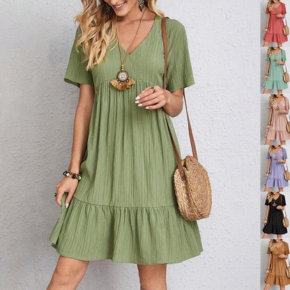 Robe à manches courtes et col en V, mode estivale, décontractée, ample, à volants, vêtements de plage pour femmes - LUXARAH