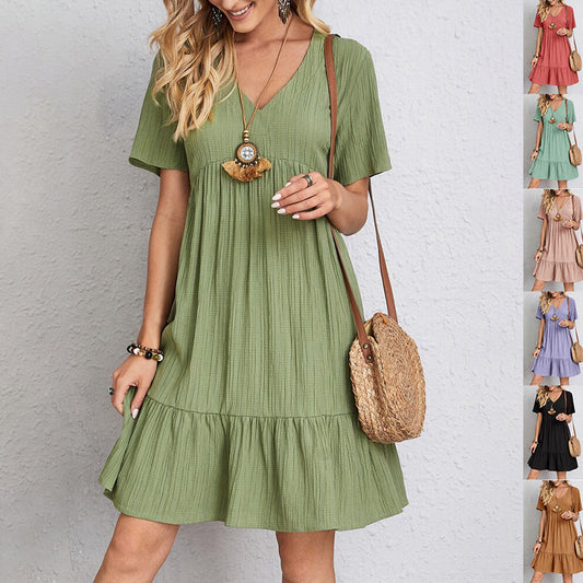 Robe à manches courtes et col en V, mode estivale, décontractée, ample, à volants, vêtements de plage pour femmes - LUXARAH