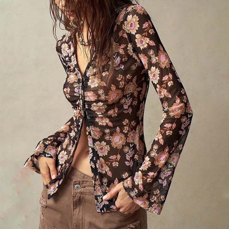Chemisier boutonné à fleurs, tendance automne 2025, manches longues, col en V, froncé, ajusté - LUXARAH