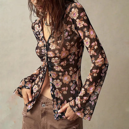 Chemisier boutonné à fleurs, tendance automne 2025, manches longues, col en V, froncé, ajusté - LUXARAH