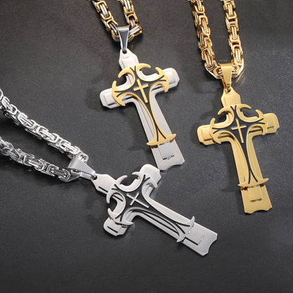 Collar con colgante de cruz latina y cruz cristiana para hombre, joyería de moda de acero inoxidable, tres capas, ideal como regalo.