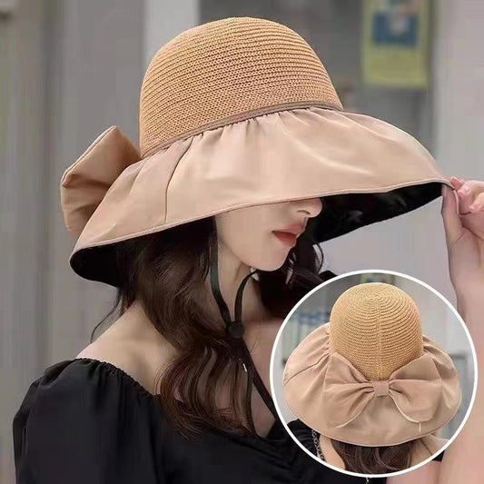 Chapeau de soleil d'été en paille à large bord et grand nœud, chapeau de pêcheur anti-UV, pare-soleil d'extérieur et chapeau de protection du visage