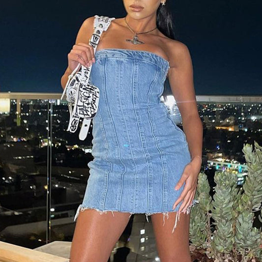 Robe tube en jean, dos nu tendance, tenue d'été sexy Y2K, courte et slim - LUXARAH