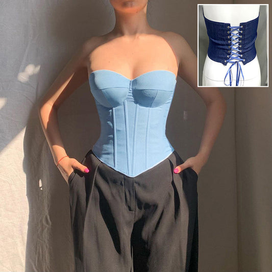Débardeur tube en jean Y2K avec design noué dans le dos, débardeur corset court tendance pour femmes