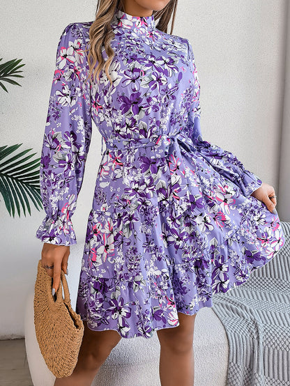 Robe trapèze à volants et manches longues, imprimé floral, col montant, taille contrôlée, printemps-automne - LUXARAH