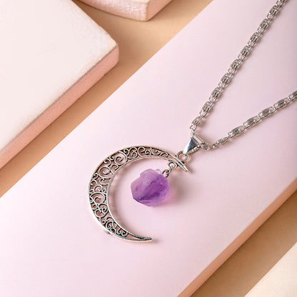 Vintage Purple Natural Stone Moon Pendant Necklaces for Women