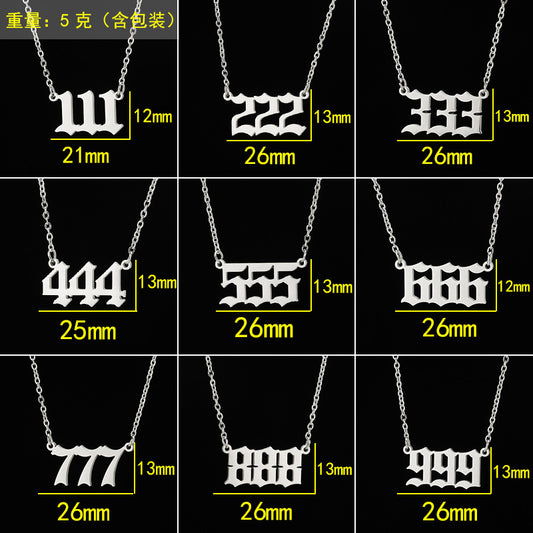 Collier pendentif numérique porte-bonheur pour femme, style ange, tendance, en acier inoxydable 000-999, style vintage