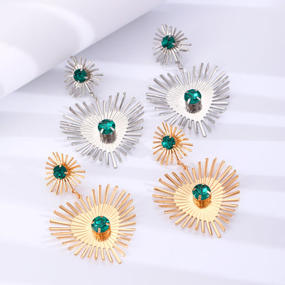 Boucles d'oreilles bohèmes en forme de cœur avec strass, motif tournesol, style exagéré, pour femme, bijoux de Saint-Valentin