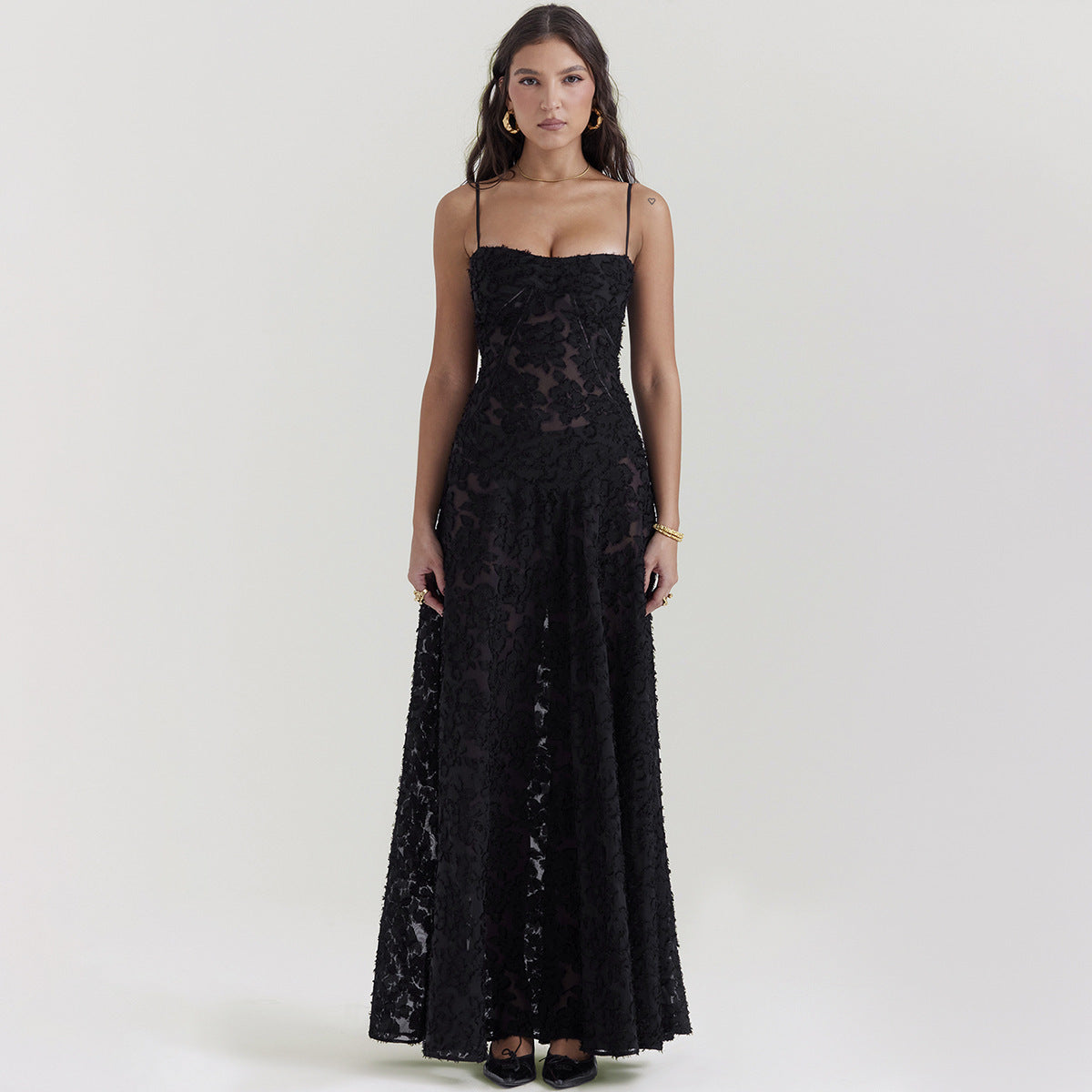 Robe longue en dentelle à bretelles tendance, col bustier, élégante, tenue de soirée - LUXARAH