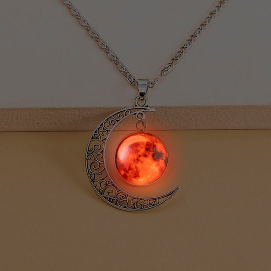 Vintage Luminous Necklace with Handmade Shiny Red Glass Moon Pendant for Women and Girls