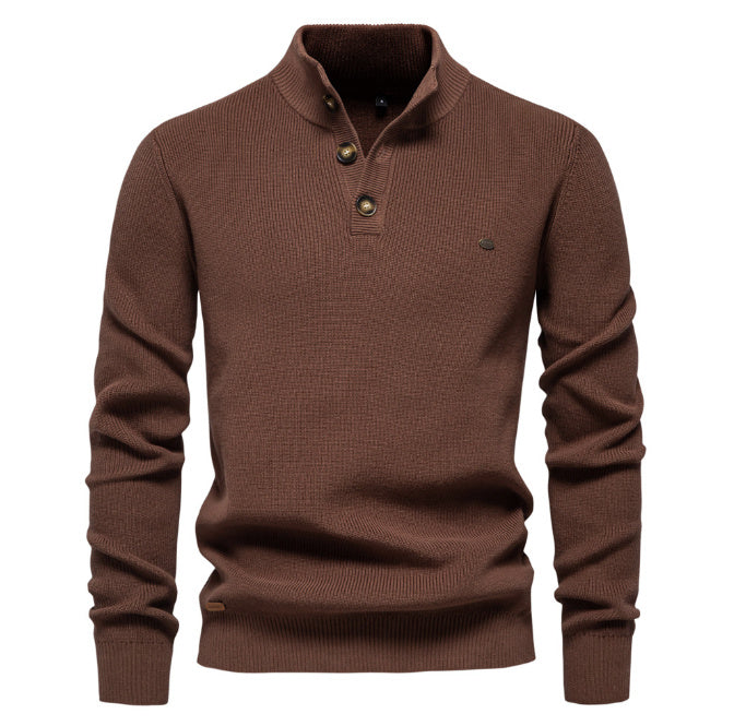 Pull tricoté à col montant et fermeture éclair pour homme, coupe slim, couleur unie, manches longues, demi-col roulé