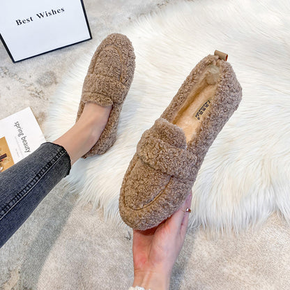 Mocassins plats en peluche pour femme, chaussures tendance et chaudes à pois, collection hiver