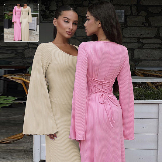 Robe tendance à col en U et lacets dans le dos, manches longues cloche - LUXARAH