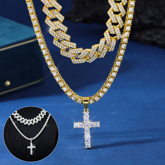 Collier avec pendentif, croix en zircon, style hip-hop, chaîne cubaine Miami, pavé de strass, style rappeur, pour hommes et femmes