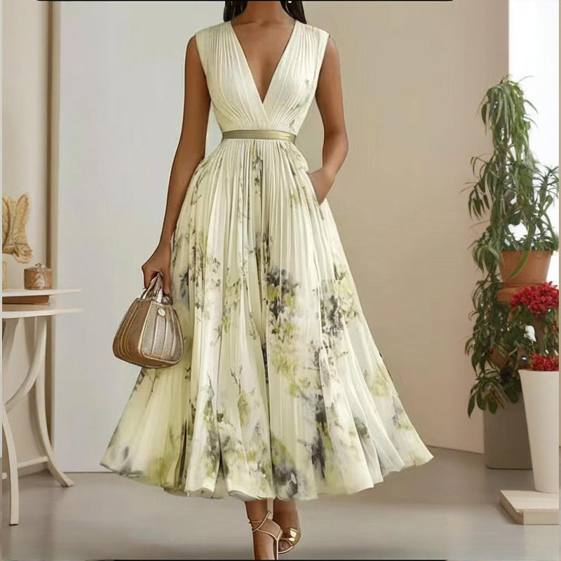Robe longue sans manches à imprimé floral et col en V profond avec poches - Robe de plage fluide à ourlet volanté - LUXARAH