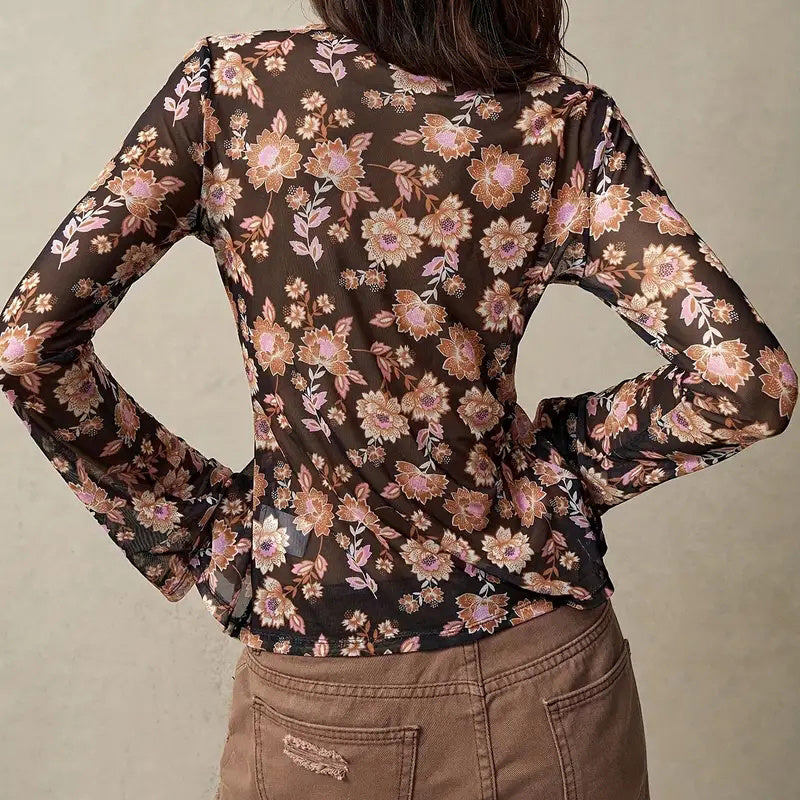 Chemisier boutonné à fleurs, tendance automne 2025, manches longues, col en V, froncé, ajusté - LUXARAH