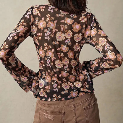 Chemisier boutonné à fleurs, tendance automne 2025, manches longues, col en V, froncé, ajusté - LUXARAH