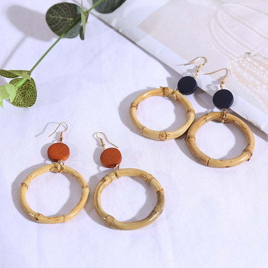 Boucles d'oreilles géométriques rondes en rotin faites à la main pour femmes - LUXARAH