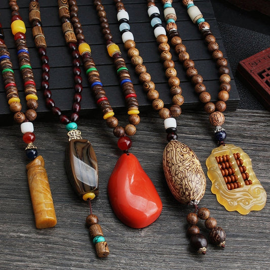 Colliers pour hommes et femmes, chaîne de pull rétro en perles de bois, pendentif Bodhi long - LUXARAH