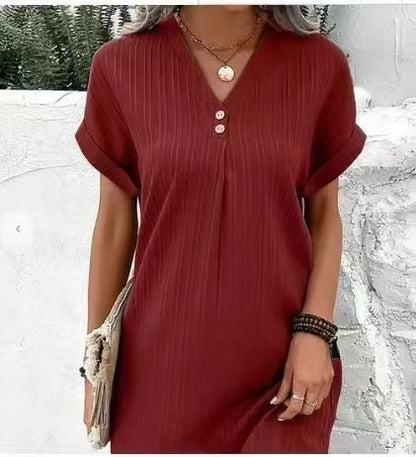 Robe décontractée à manches courtes et col en V pour femme, couleur unie, boutons