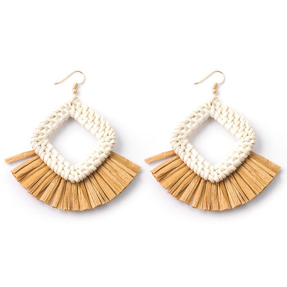 Boucles d'oreilles géométriques en raphia et rotin tissées à la main, style vintage pour femmes - LUXARAH