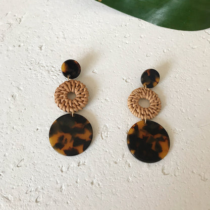 Boucles d'oreilles en résine et rotin importées, en bambou et rotin, faites à la main, motif léopard, boucles d'oreilles rondes géométriques - LUXARAH