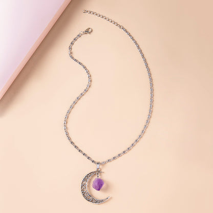 Vintage Purple Natural Stone Moon Pendant Necklaces for Women